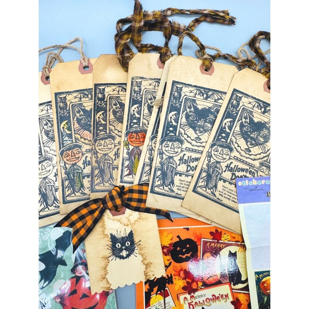 Vintage Halloween Ephemera Craft Lot Orange Black Stickers Tags Washi Tape